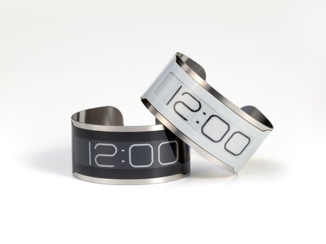 A 0.80mm thin flexible wristwatch with an E Ink display housed in a single piece of stainless steel.